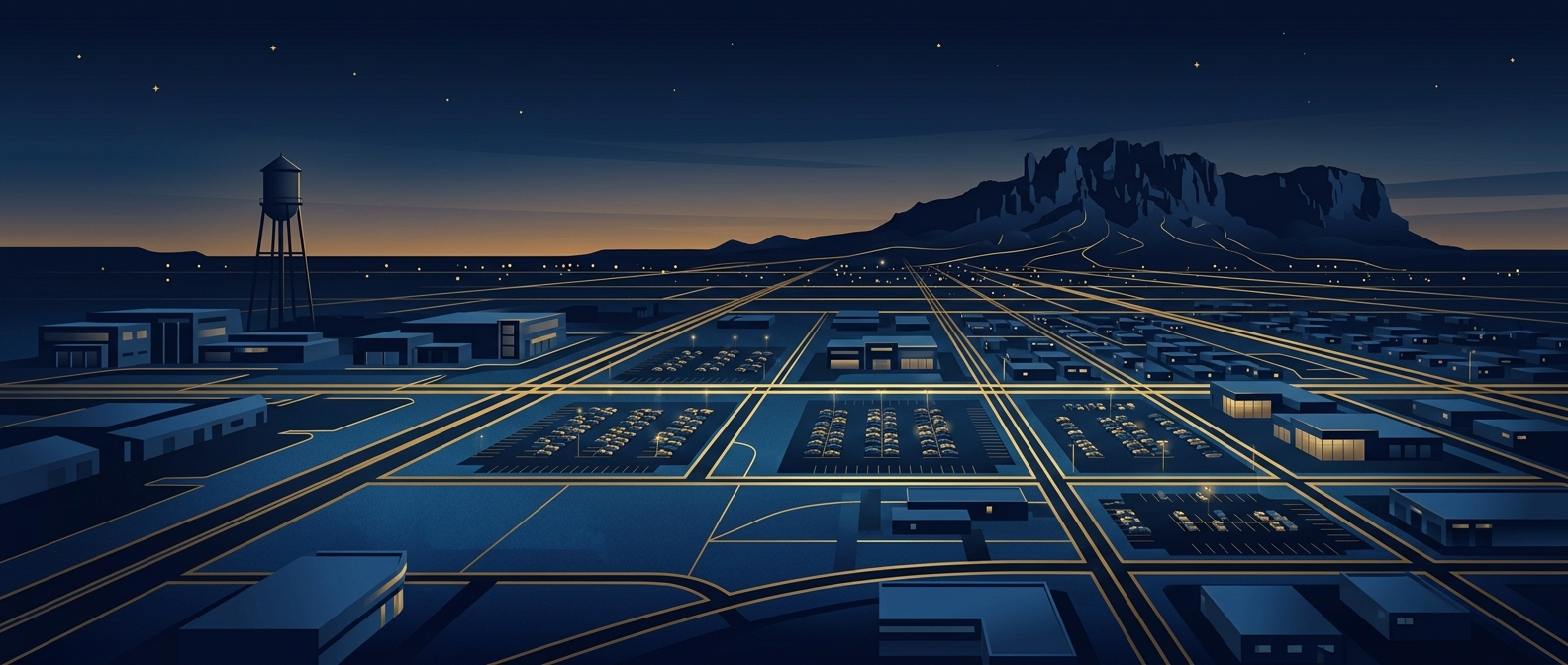 Abstract navy and gold conceptual skyline of Gilbert Arizona with a water tower, medical campus, and auto dealership row