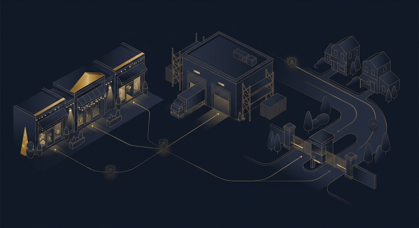 Conceptual navy and gold diagram linking retail, warehouse, and residential guard posts across Glendale Arizona