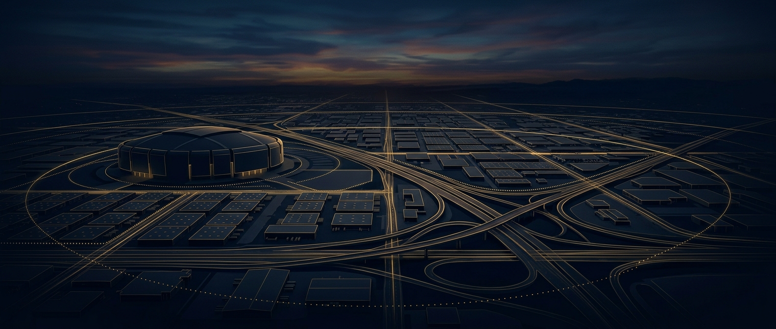 Abstract navy and gold illustration of coordinated security coverage across a Glendale Arizona stadium district and logistics corridor