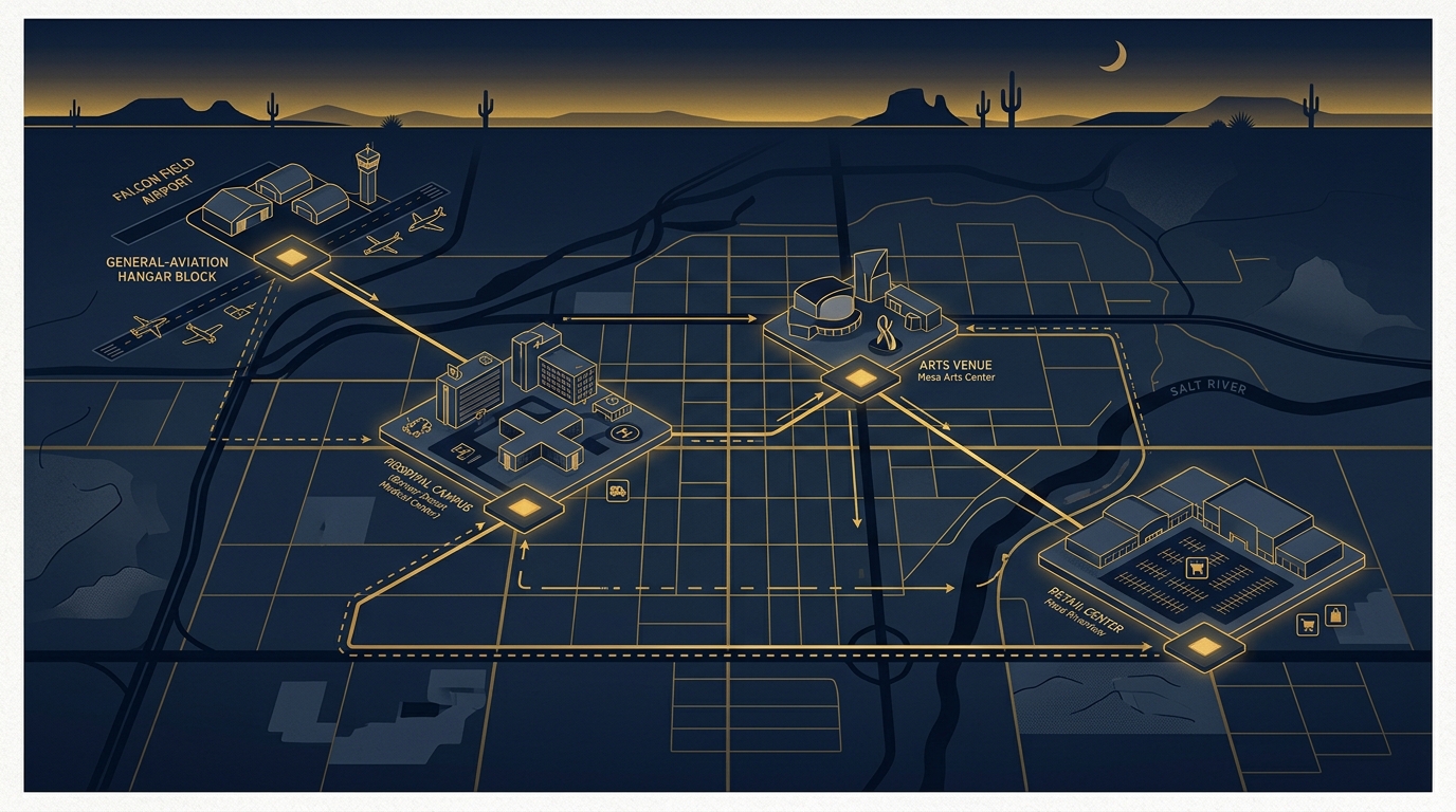 Navy and gold conceptual map of Mesa Arizona patrol routes linking an airfield, hospital campus, downtown arts venue, and retail center