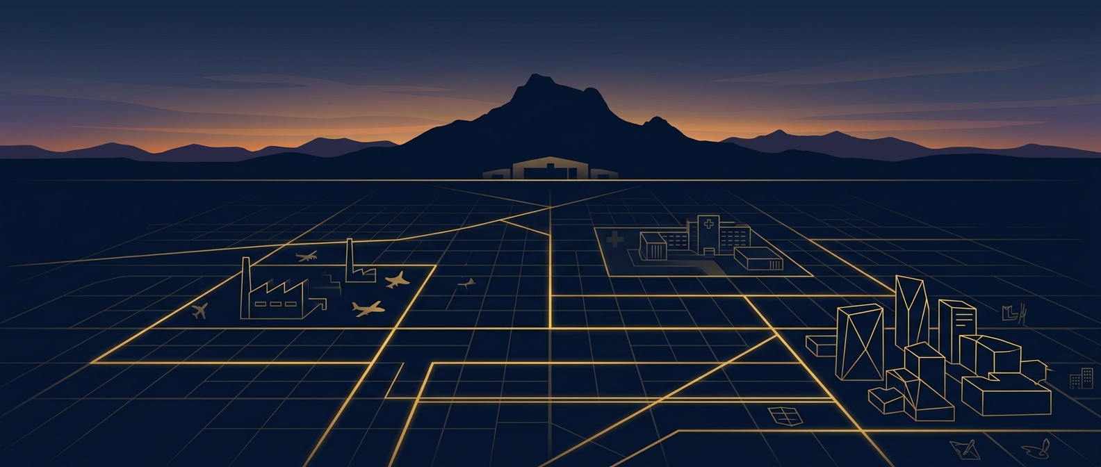 Abstract navy and gold Mesa Arizona landscape with Red Mountain and patrol routes connecting an aerospace campus, hospital, and downtown arts district
