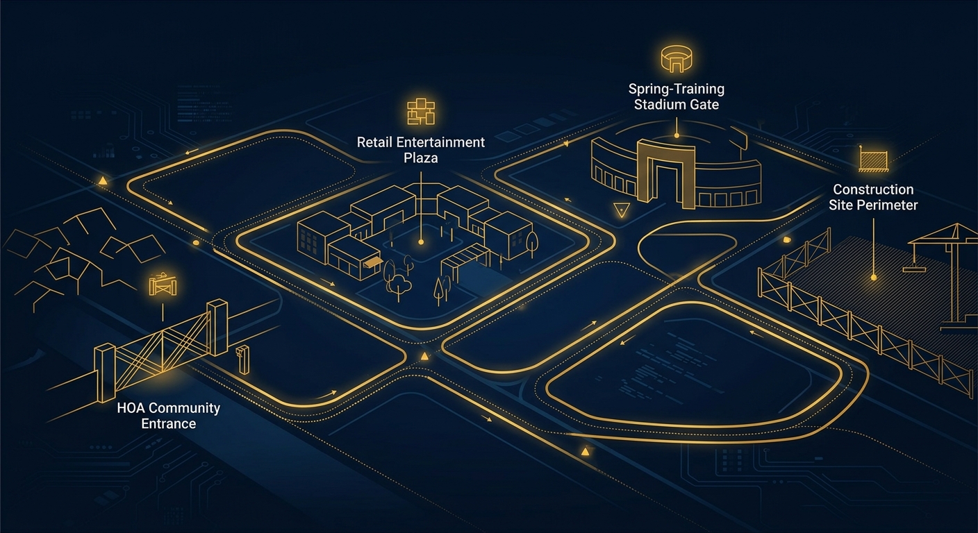 Navy and gold conceptual diagram of patrol routes linking a gated community, retail plaza, stadium gate, and construction site in Peoria, Arizona