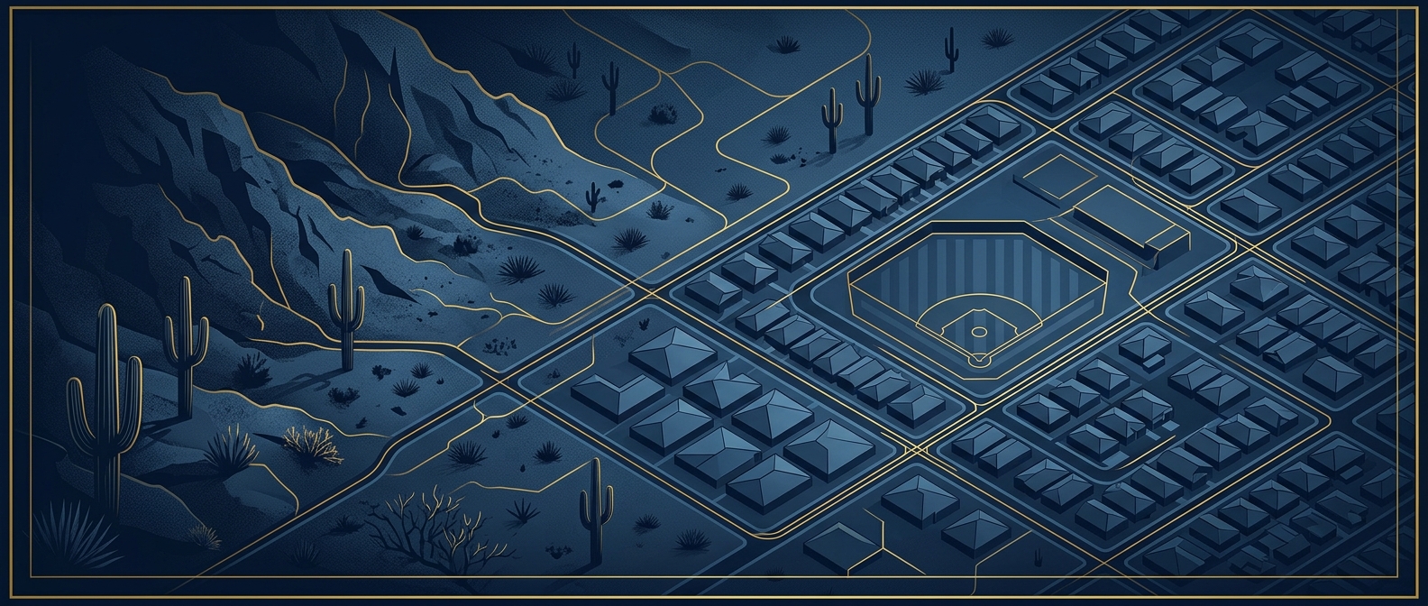 Abstract navy and gold landscape of desert foothills near Lake Pleasant with gated community rooftops and a ballpark diamond linked by gold patrol routes