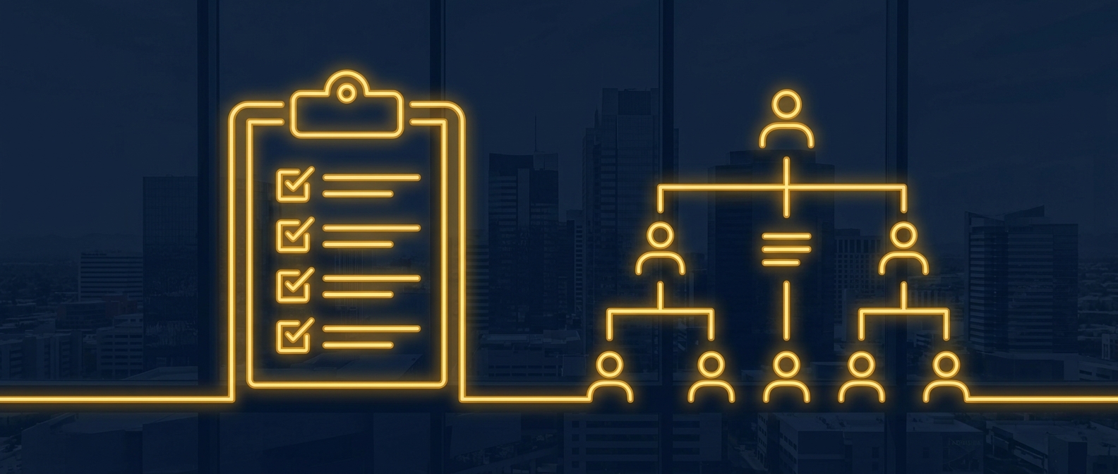 Abstract navy-and-gold procurement scorecard and supervision org-chart concept over the Camelback Corridor Phoenix office skyline