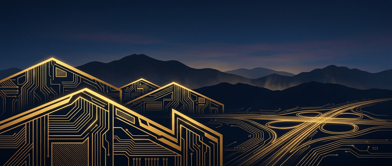 Abstract navy-and-gold skyline of north Phoenix near the semiconductor and logistics corridor along Loop 303