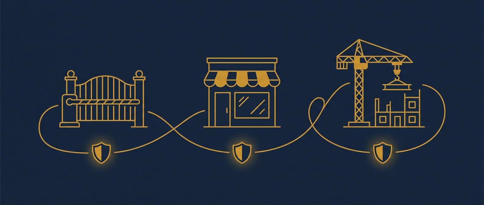 HOA gate, retail storefront, and construction crane each protected by a shield, representing multi-property security coverage in San Tan Valley in navy and gold
