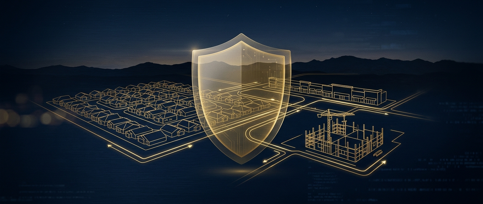 Concept of licensed security guard coverage across a growing San Tan Valley Arizona community of homes, retail, and construction sites in navy and gold