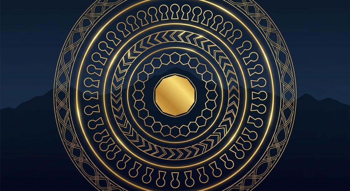 Conceptual navy and gold graphic of a layered security perimeter over a stylized North Scottsdale desert landscape with the McDowell Mountains