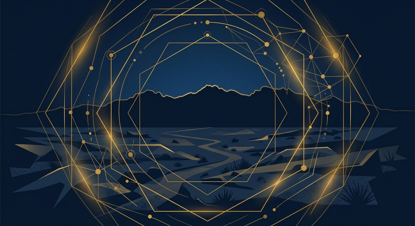 Conceptual navy and gold security perimeter graphic over a stylized Scottsdale Arizona desert landscape