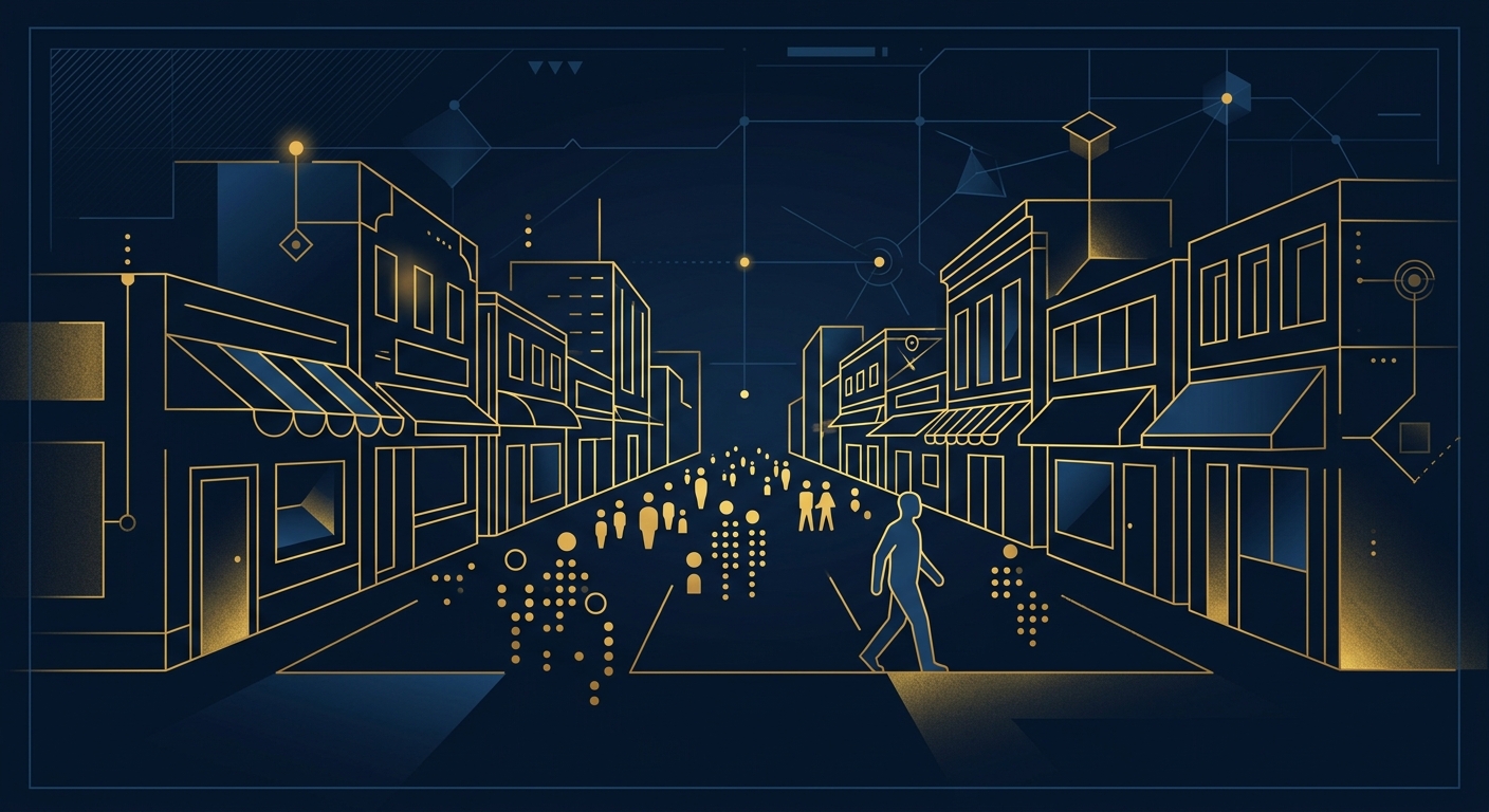 Navy and gold conceptual illustration of a security patrol walking a busy nighttime entertainment-district corridor in Tempe