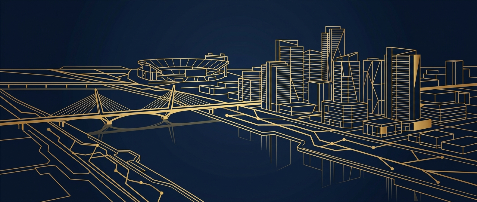 Abstract navy and gold conceptual illustration of the Tempe Arizona skyline with Tempe Town Lake and patrol routes along the lakefront