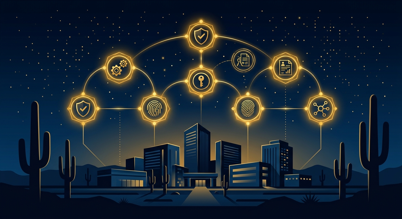 Conceptual vendor-evaluation checklist for a Tucson security guard contract shown as glowing verification nodes over a stylized desert campus in navy and gold