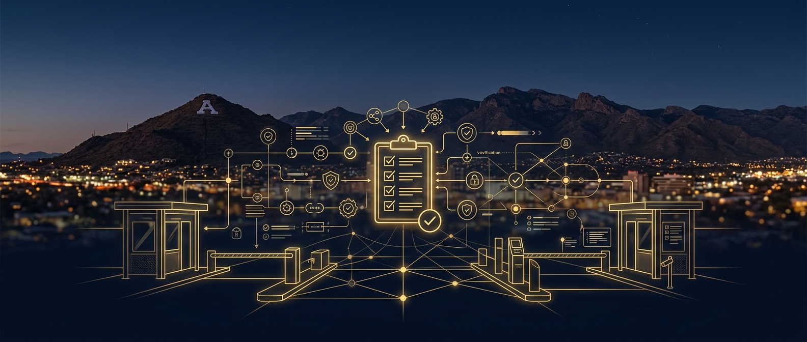 Conceptual security guard company vendor-evaluation scene over the Tucson skyline with Santa Catalina Mountains in navy and gold