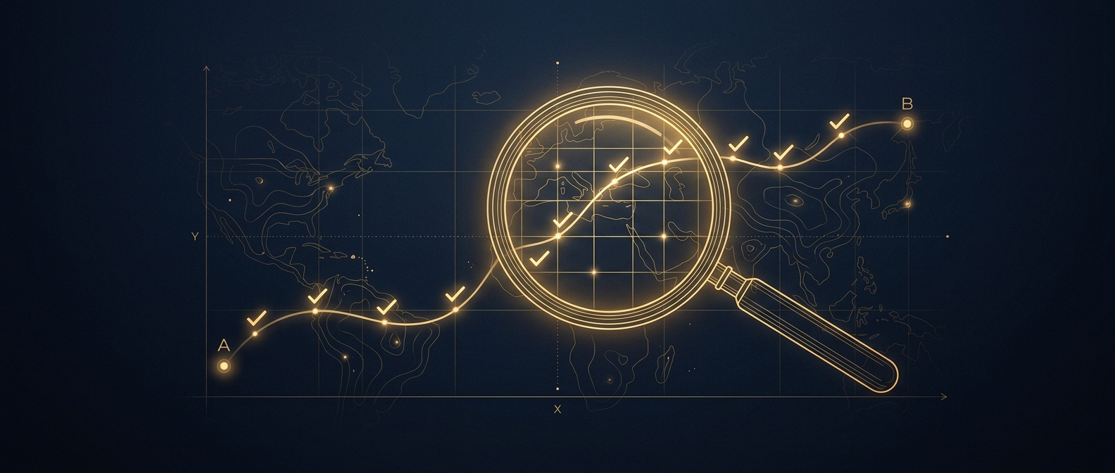 Abstract navy-and-gold illustration of a magnifying lens over a map grid with verification checkmarks along a traced path, representing skip-trace verification