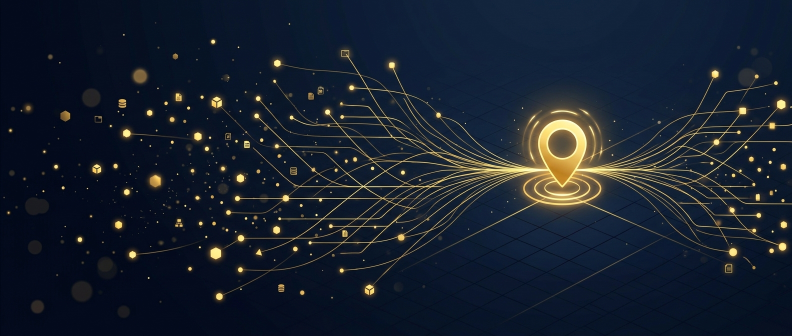 Abstract navy-and-gold illustration of scattered data-record nodes converging toward a single verified location pin, representing professional skip tracing