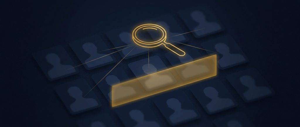 Conceptual image of compliant social media screening showing an investigative lens over profile data with protected information shielded, in navy and gold