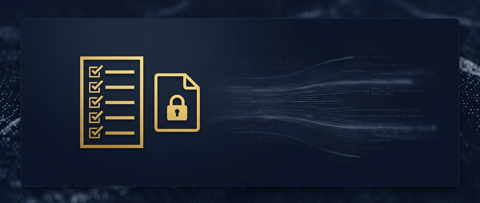 Conceptual image of a documented compliant social media screening checklist and locked record, in navy and gold