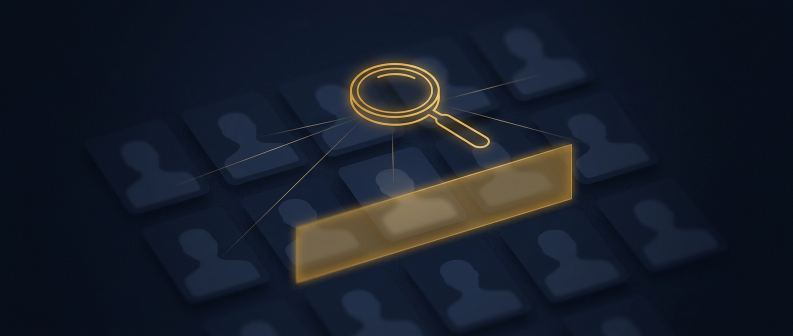 Conceptual image of compliant social media screening showing an investigative lens over profile data with protected information shielded, in navy and gold