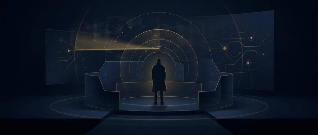 Conceptual layered protective perimeter with escalating risk rings around a silhouetted figure in navy and gold