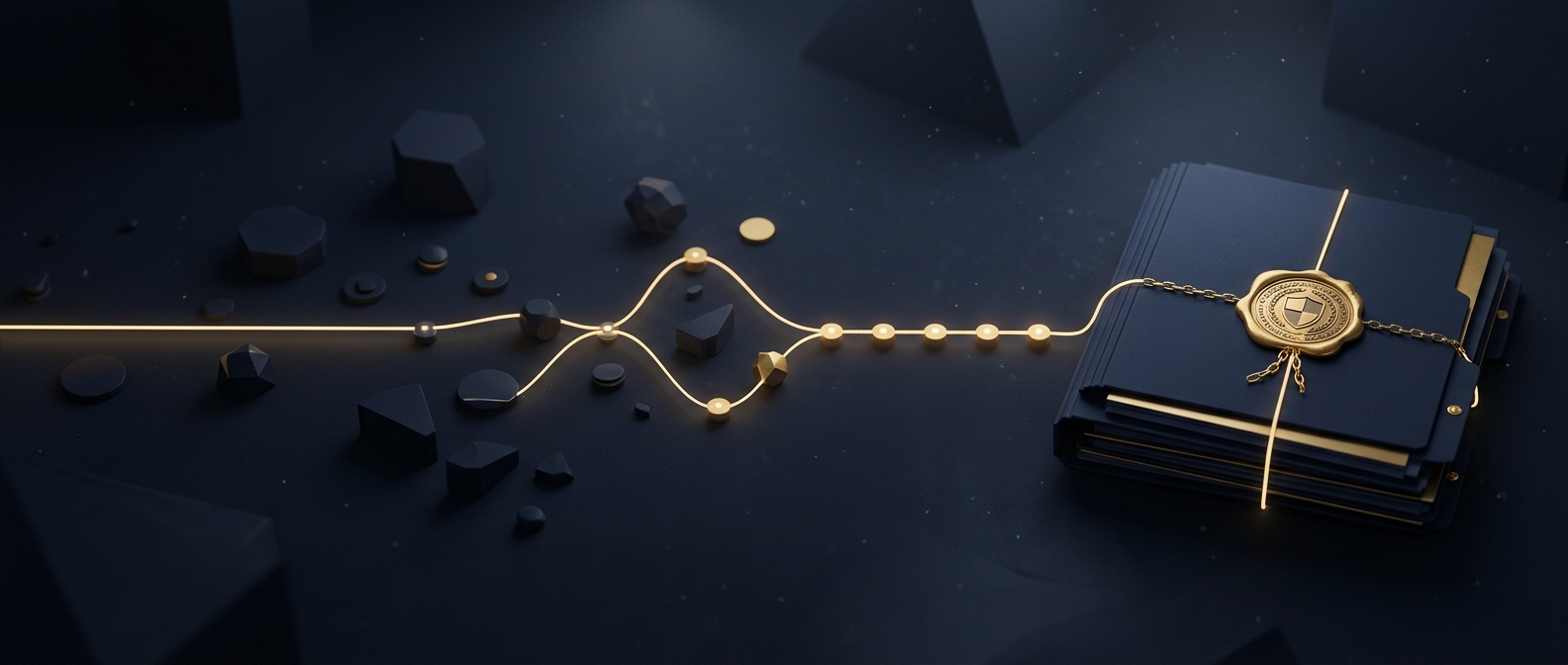 Concept of organizing scattered stalking incidents into a single documented case file with a chain-of-custody seal, shown in navy and gold