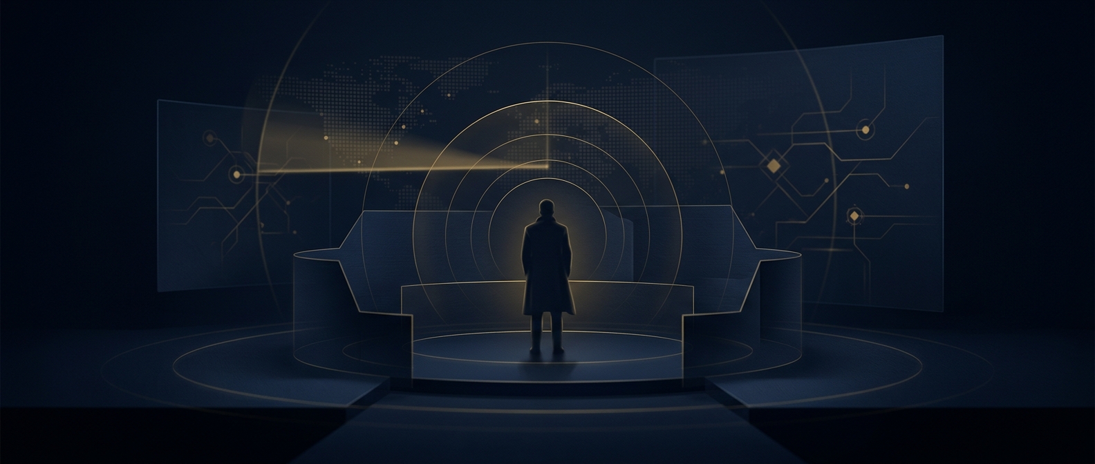 Conceptual layered protective perimeter with escalating risk rings around a silhouetted figure in navy and gold