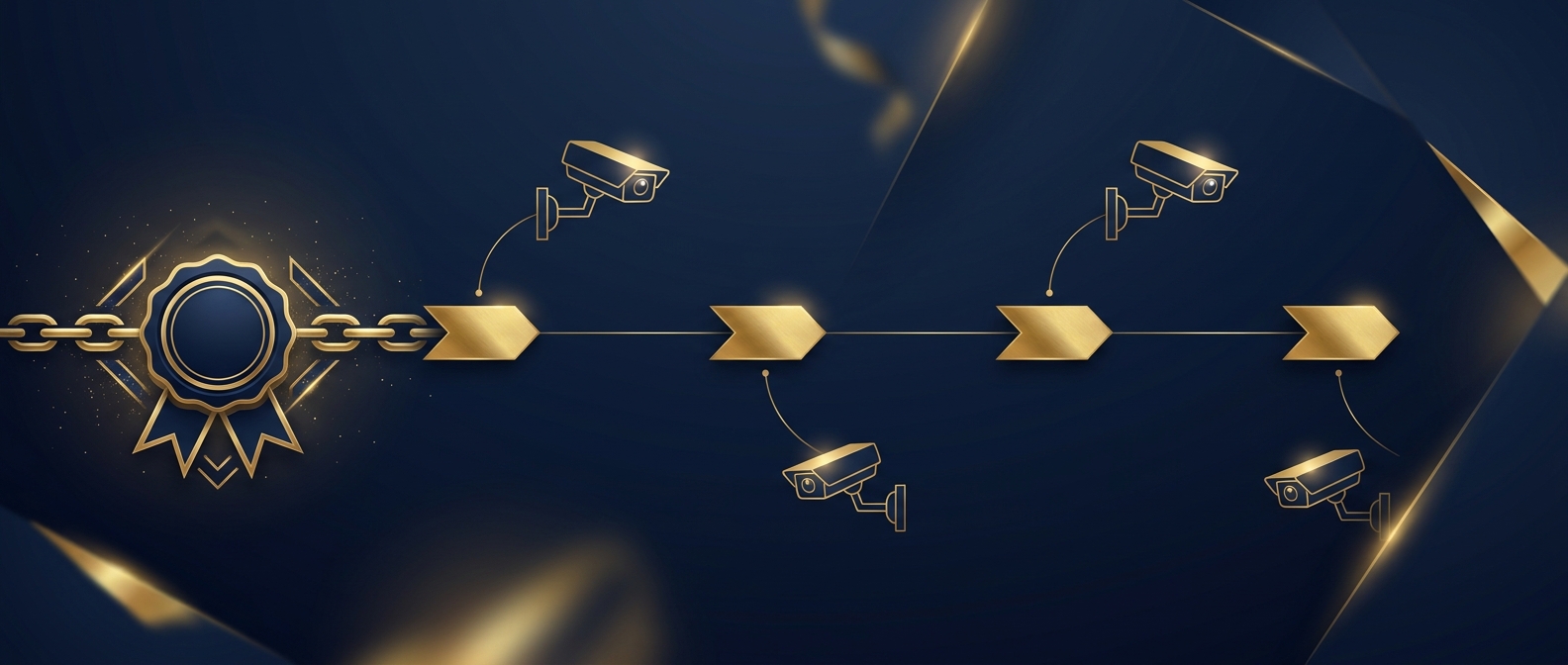 Claim lifecycle timeline showing sub-rosa surveillance deployment windows at intake, IME, mediation, and hearing, in navy and gold