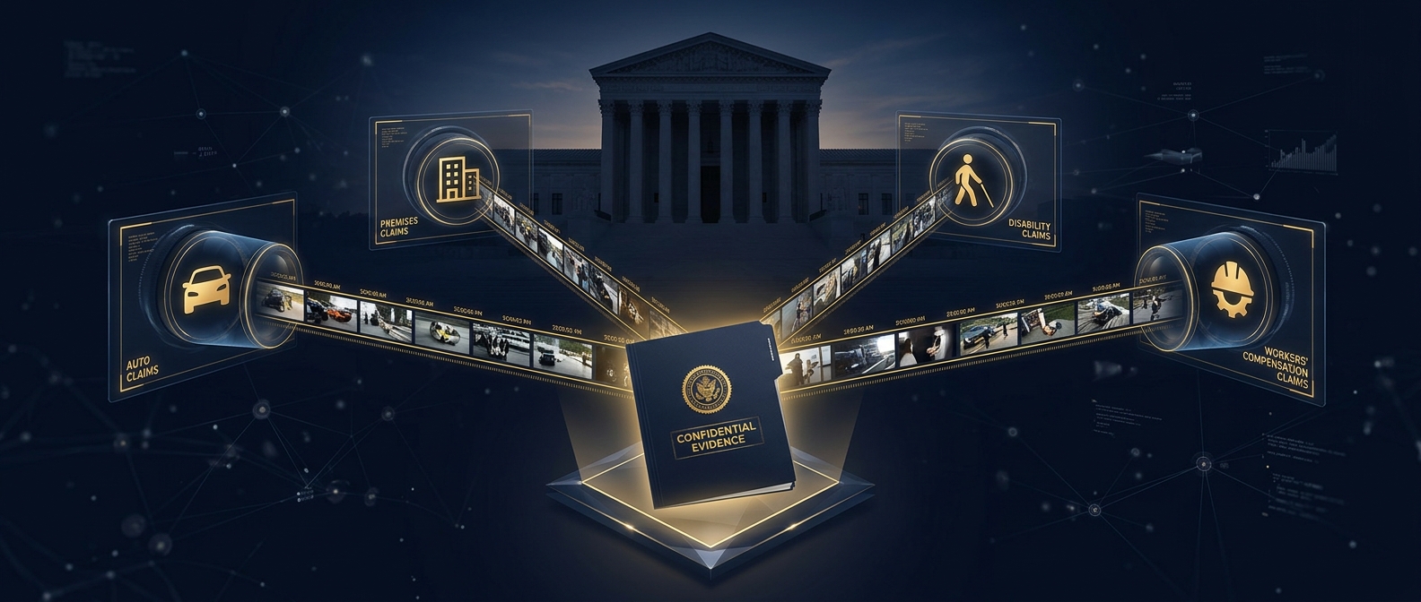 Four converging surveillance lenses representing auto, premises, disability, and workers' compensation claims feeding a sealed evidence dossier, in navy and gold