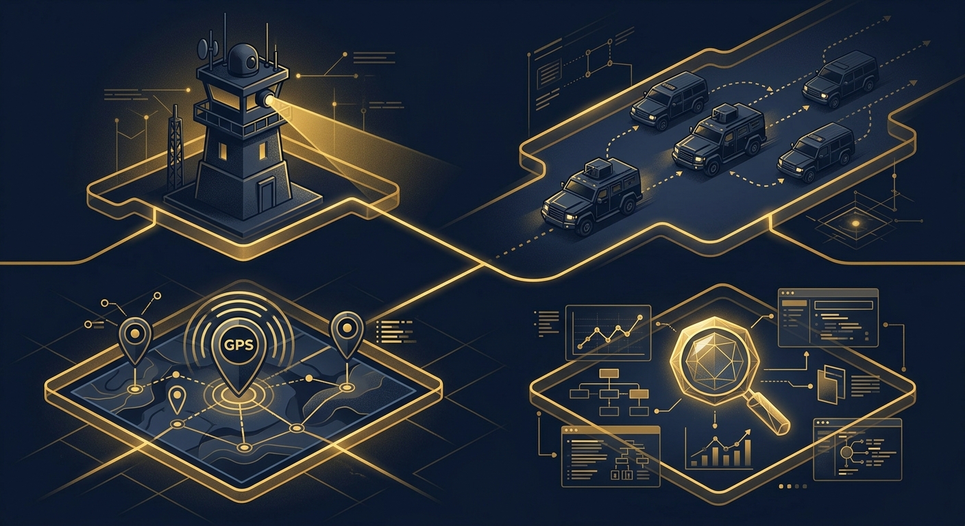 Conceptual navy and gold illustration comparing fixed, mobile, technical, and digital surveillance methods connected by a legal-boundary line