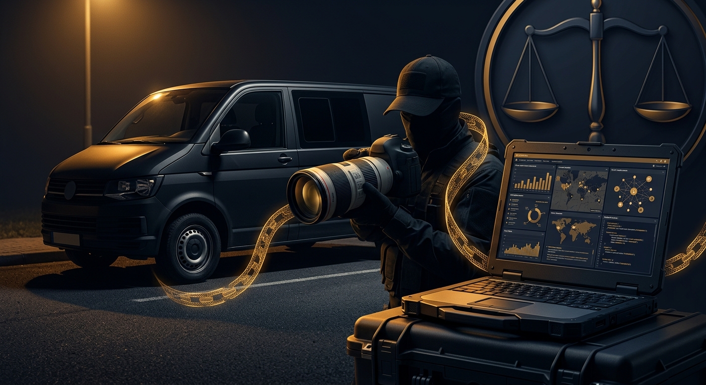 Conceptual surveillance investigation image showing a discreet field vehicle, camera lens, and scale-of-justice motif joined by a chain-of-custody ribbon in navy and gold