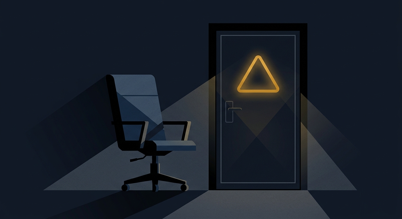 Abstract illustration of an empty office chair and closed door symbolizing the risk period surrounding employee termination