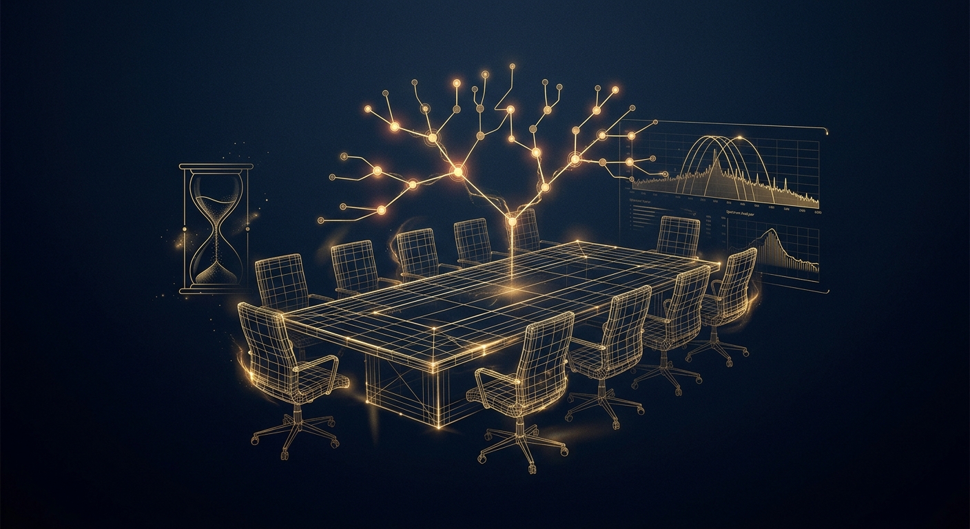 Conceptual boardroom decision-tree and RF spectrum imagery in navy and gold representing when a business needs a TSCM sweep