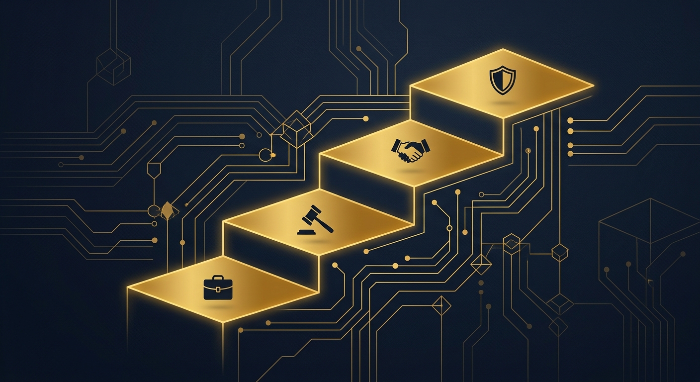 Conceptual risk-tier staircase illustration in navy and gold representing escalating TSCM sweep cadence by exposure level