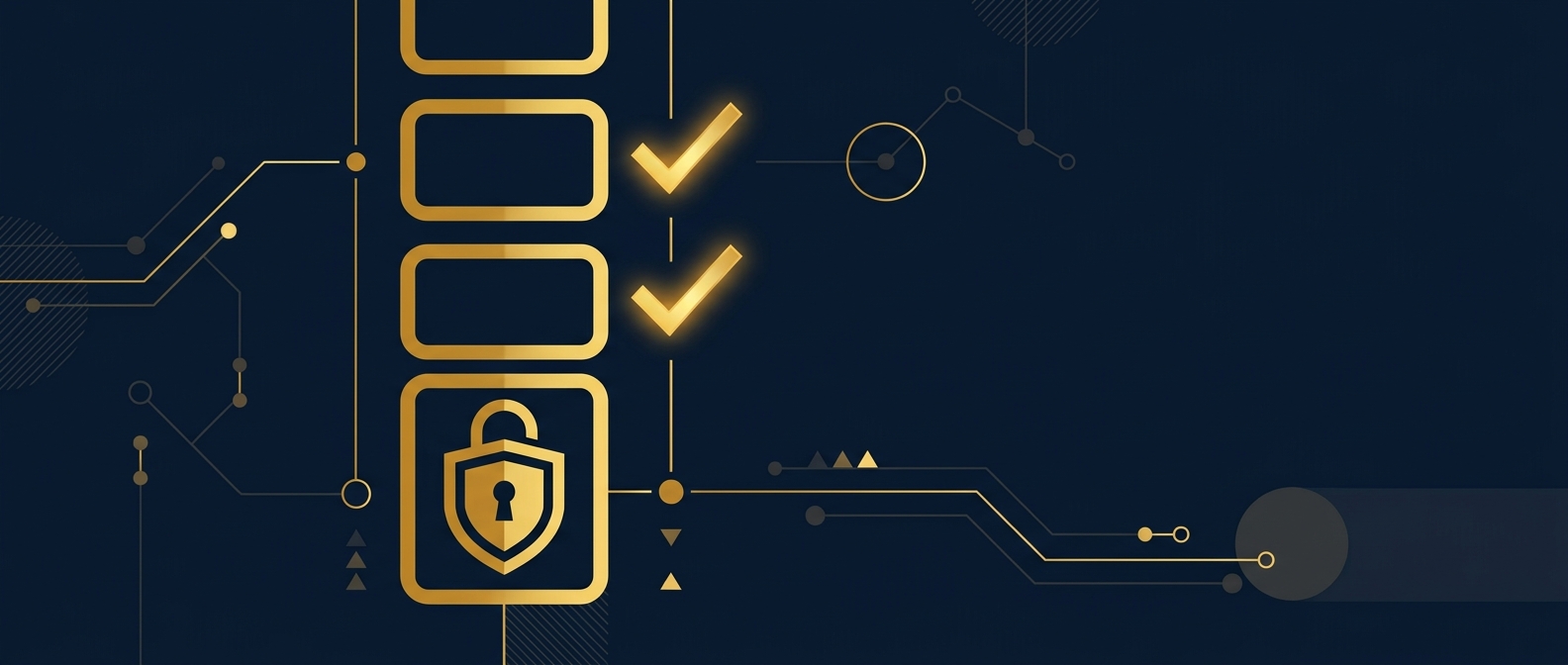 Abstract illustration of a verification ledger beside a locked shield, symbolizing corroboration and legal limits in OSINT methodology, dark navy and gold