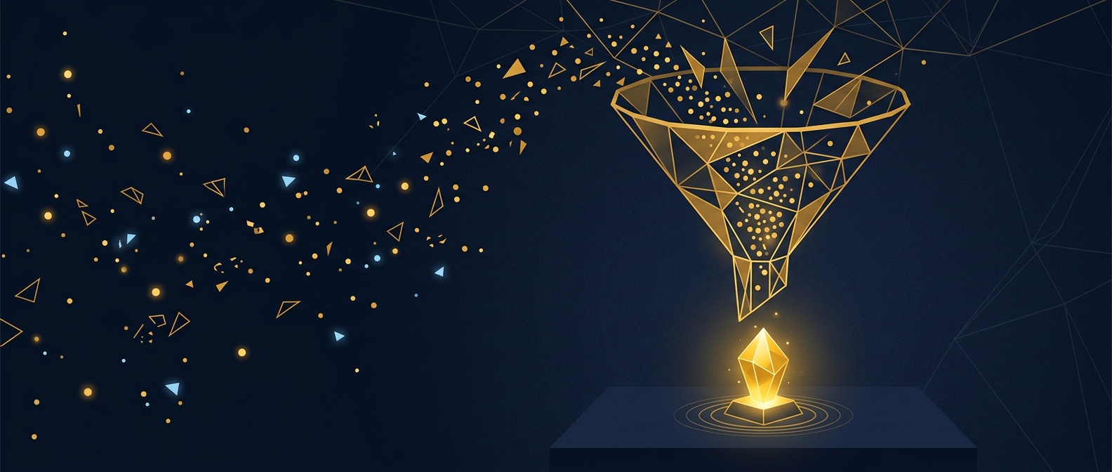 Abstract illustration of scattered data signals funneling into a single verified beacon, symbolizing OSINT feeding protective intelligence, dark navy and gold