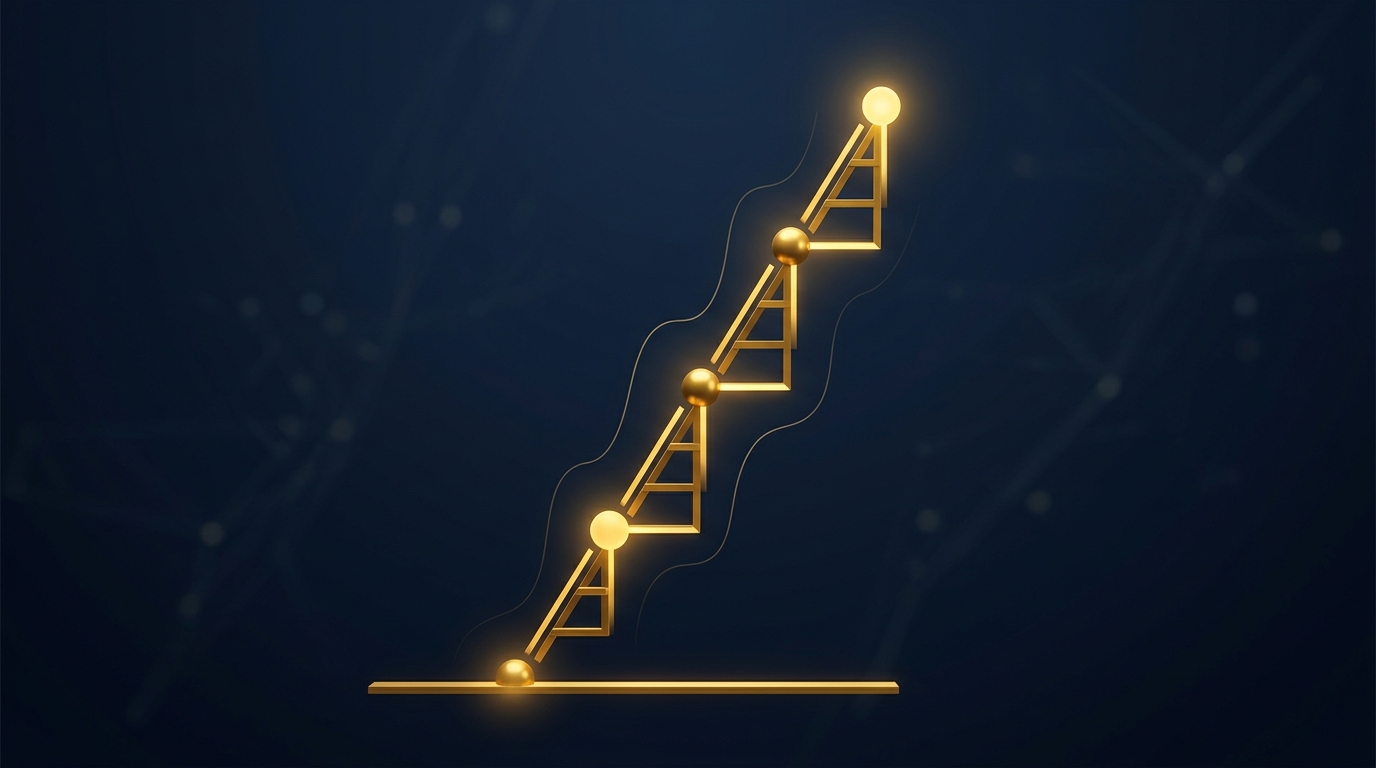 Concept of an executive protection escalation ladder rising from monitoring through advisory, part-time coverage, and a full standing detail, with a threat indicator line climbing beside it in navy and gold
