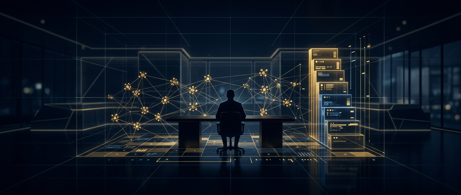 Concept of a board decision framework for executive close protection showing threat-trigger nodes, a scoring matrix, and a rising escalation ladder in navy and gold