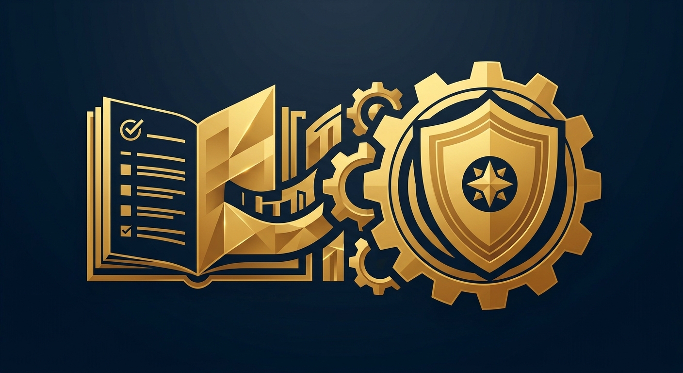 Abstract illustration of a checklist transforming into an interlocking gear and shield representing a structured workplace violence prevention program