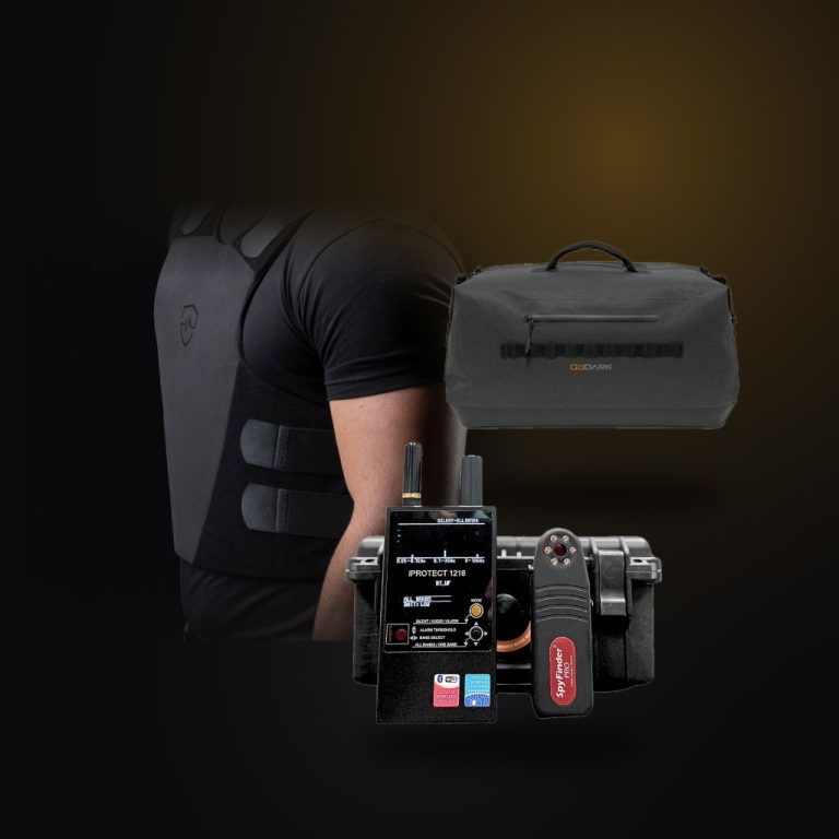 Honeybadger security gear: body armor, Faraday bag and RF detector