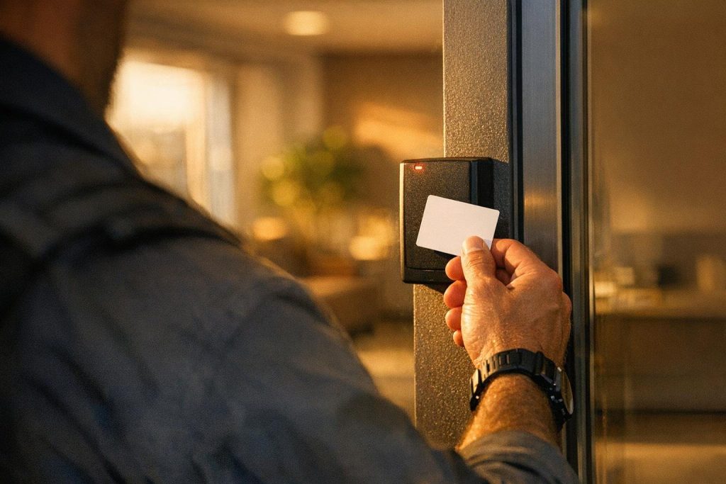 Hand presenting an access card to a door reader at an Arizona office entrance