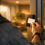 Hand presenting an access card to a door reader at an Arizona office entrance