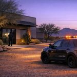 Security officer checking a commercial door at dusk during alarm response services in Arizona