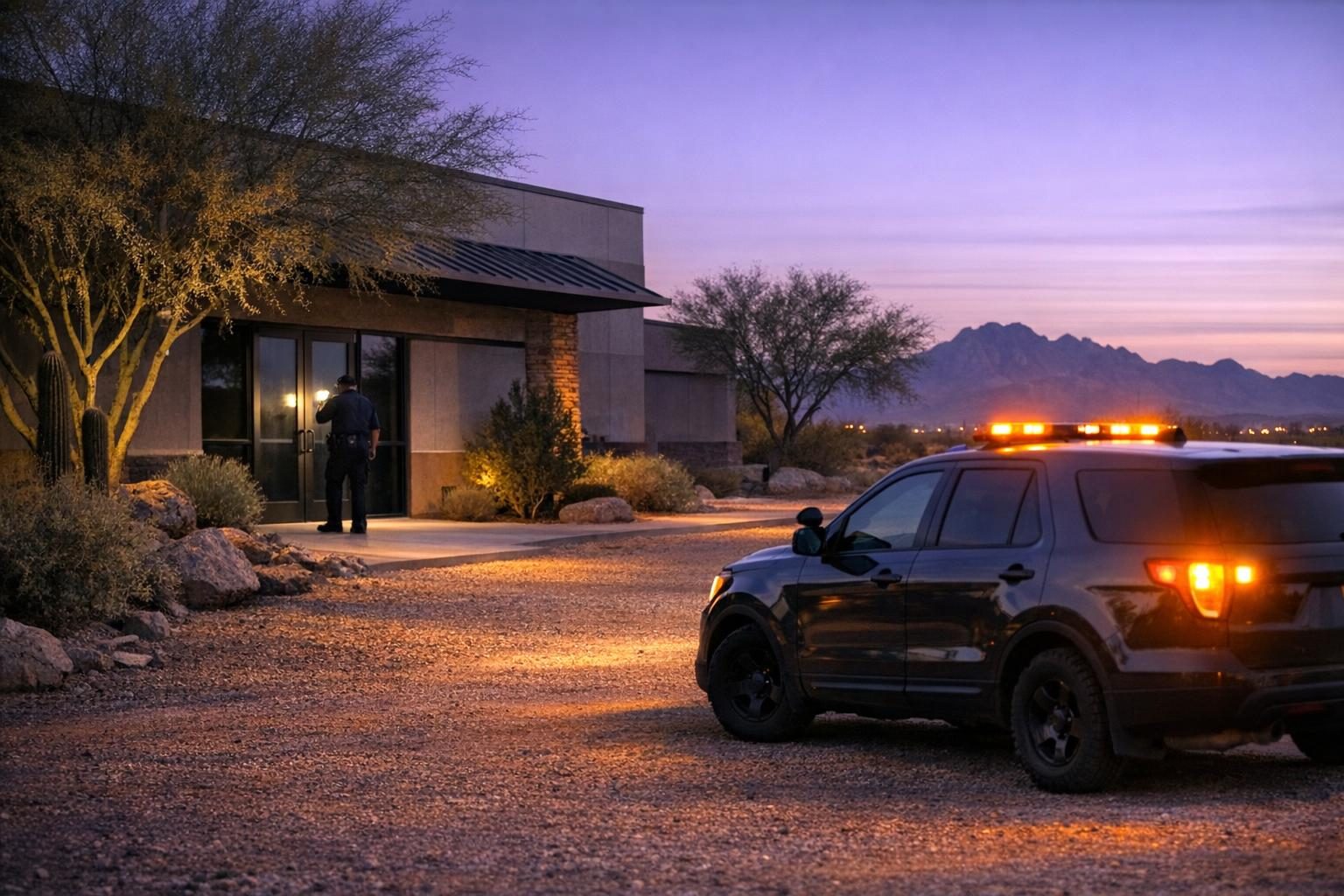 Security officer checking a commercial door at dusk during alarm response services in Arizona