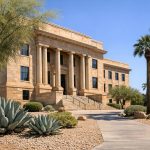 Arizona courthouse with palm trees and desert landscaping, illustrating Arizona workplace violence laws and injunctions
