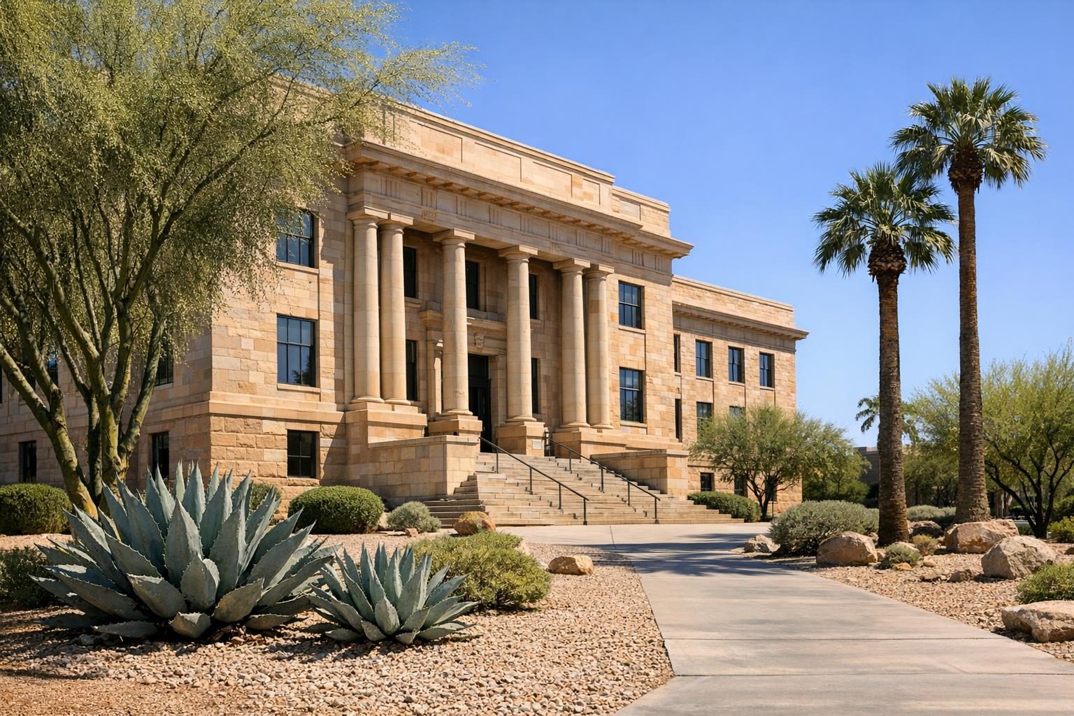 Arizona courthouse with palm trees and desert landscaping, illustrating Arizona workplace violence laws and injunctions