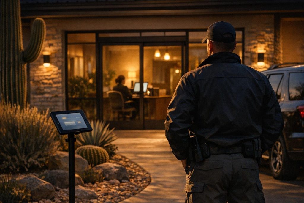 Entrance of an Arizona assisted living community at dusk