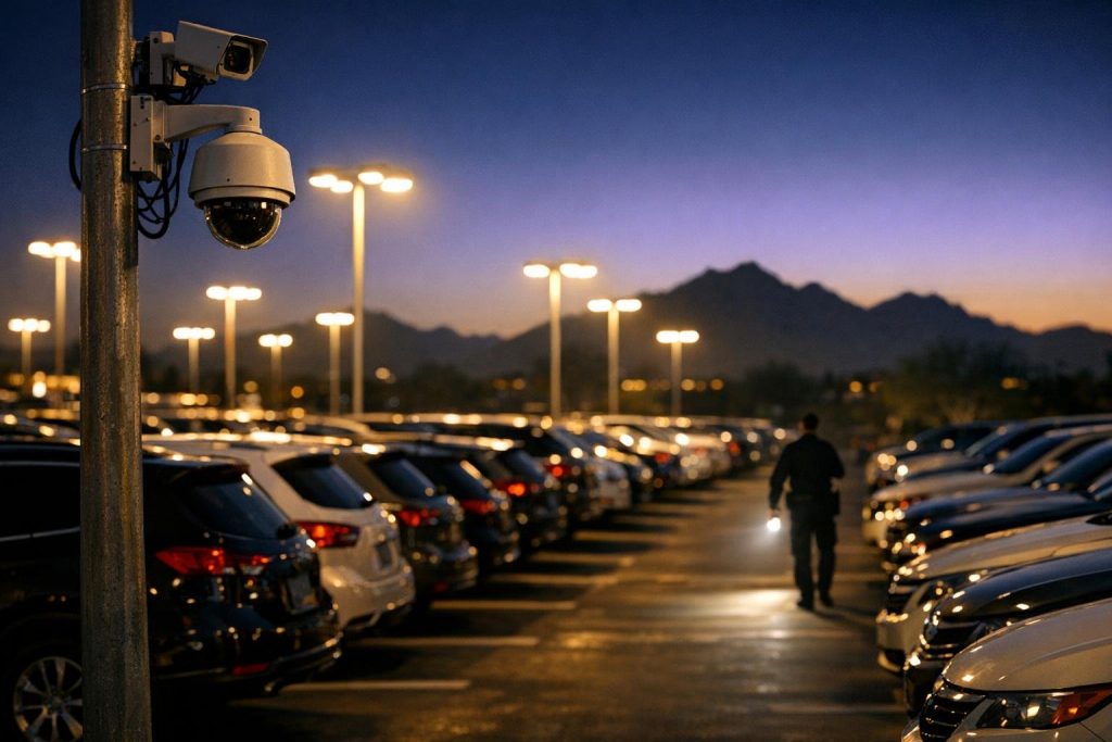 Lit car dealership lot at night in Arizona with security camera and patrol