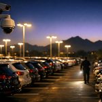 Lit car dealership lot at night in Arizona with security camera and patrol