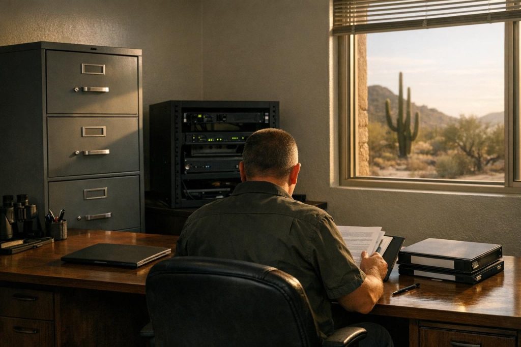 Small defense contractor office preparing for CMMC 2.0 compliance with documents and a locked network rack