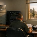 Small defense contractor office preparing for CMMC 2.0 compliance with documents and a locked network rack