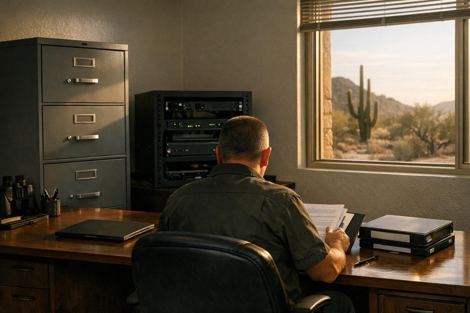Small defense contractor office preparing for CMMC 2.0 compliance with documents and a locked network rack
